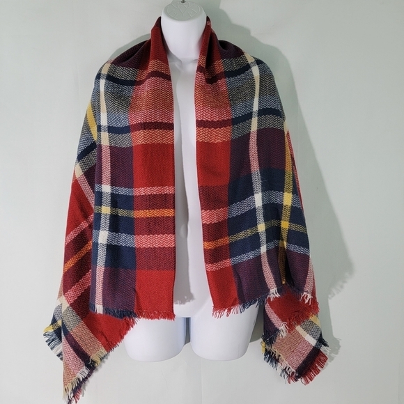 Fall Winter Shawl Blanket Throw In Red/Navy/Yellow 54 X 58 - Picture 1 of 4